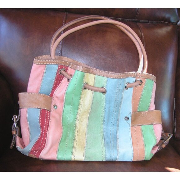 Multicolor Leather Fossel Tote Bag With Dual Handles & Buckle Accents - Picture 3 of 6